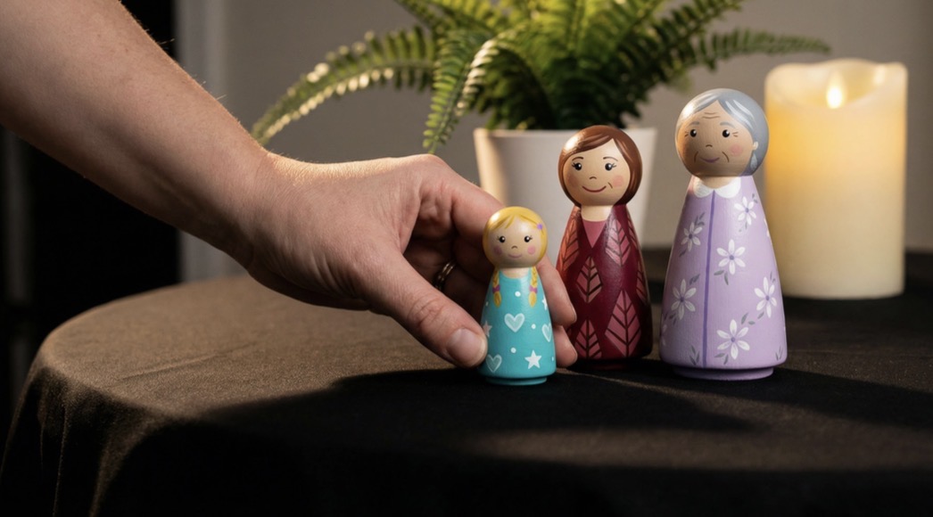Wooden figurines representing a family system on a dark table with a candle