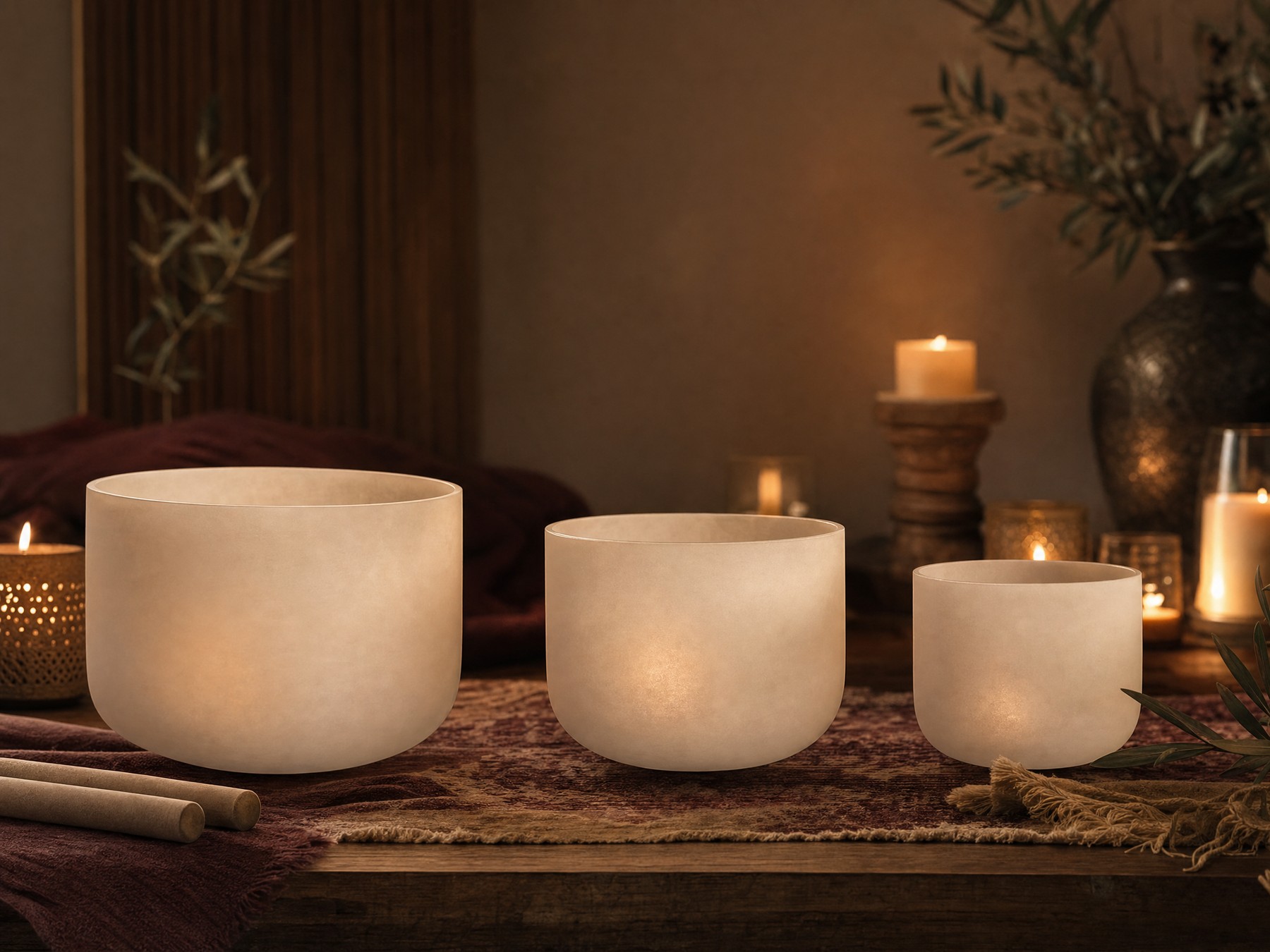 Three candlelit crystal singing bowls