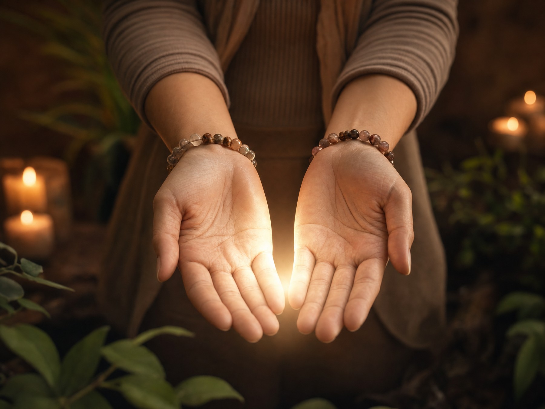 Illuminated Reiki hands with crystal bracelets